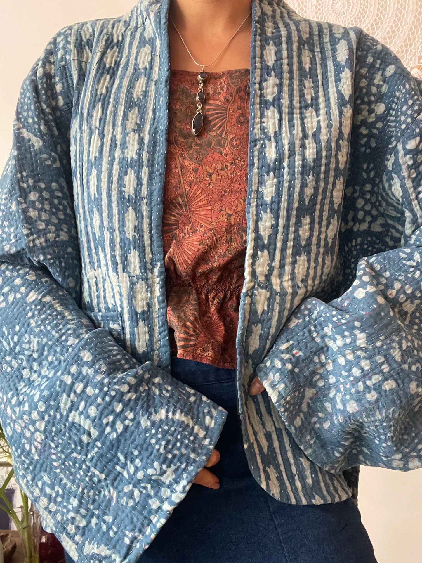 Reversible Indigo Kantha Kimono Haori Jacket 03