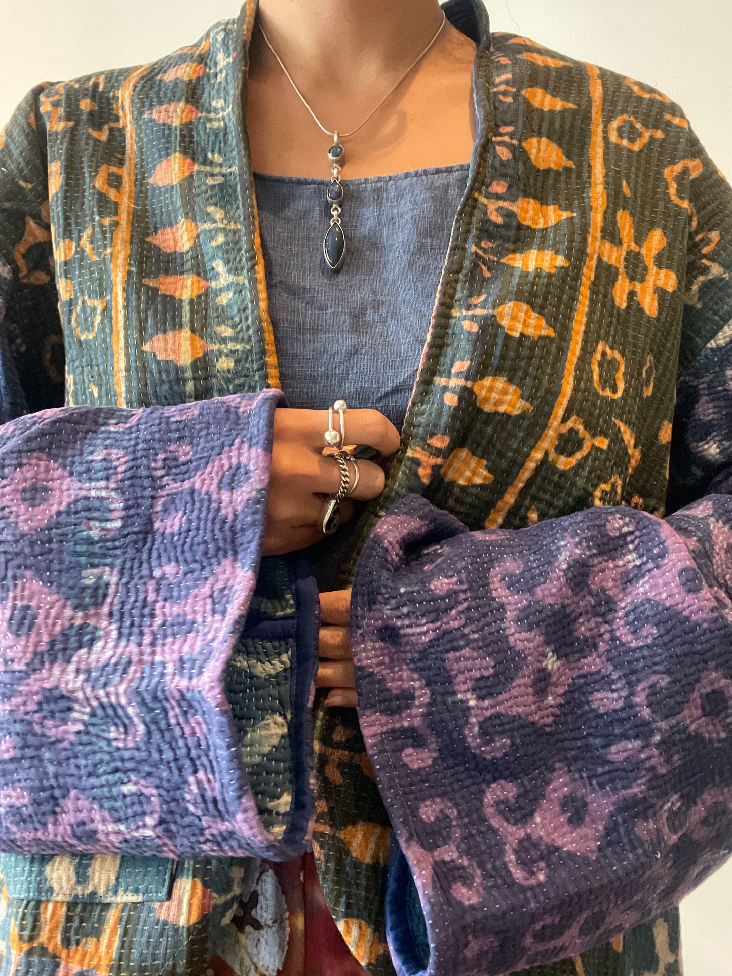 Reversible Indigo Kantha Kimono Haori Jacket 06