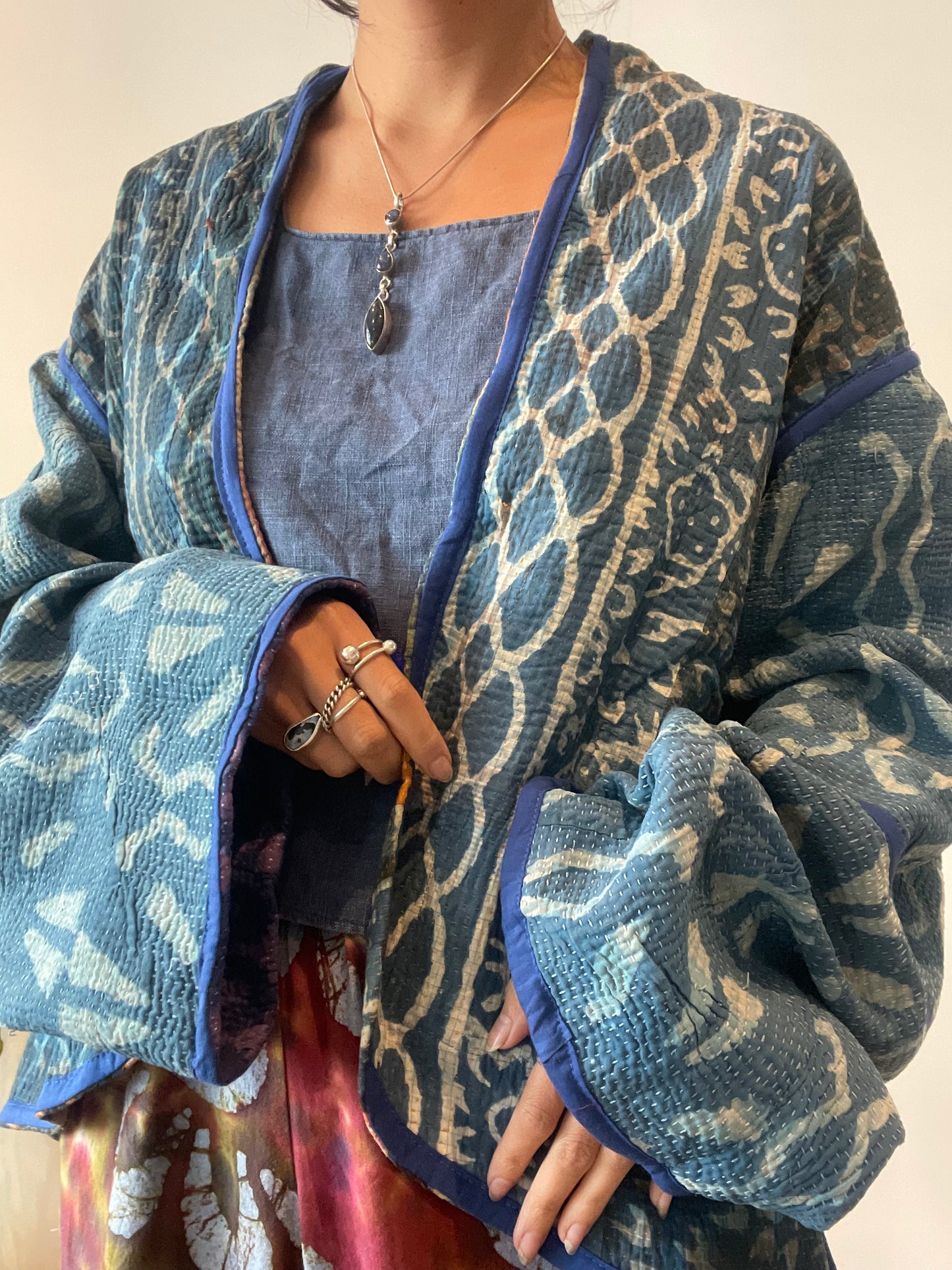Reversible Indigo Kantha Kimono Haori Jacket 06