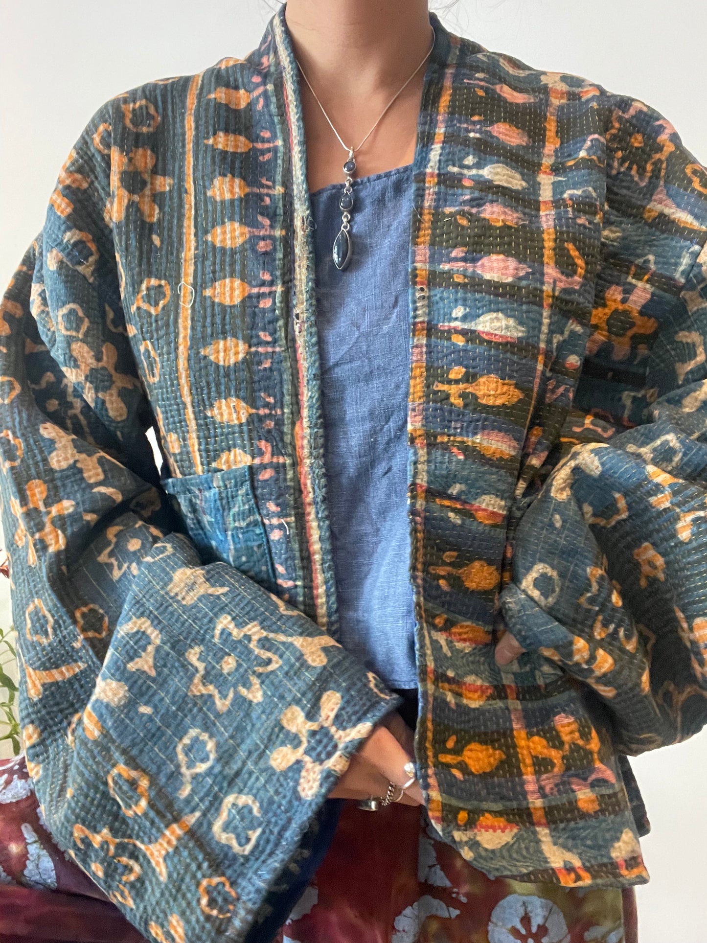 Reversible Indigo Kantha Kimono Haori Jacket 09